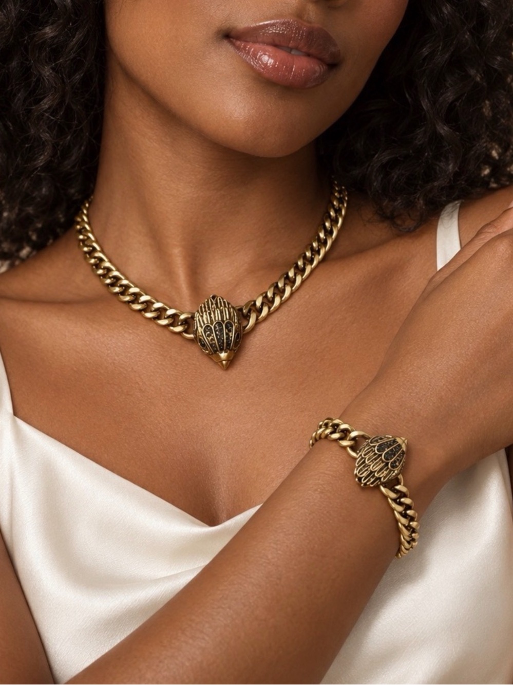 Anthropology Vintage Gold Eagle Head Curb Chain Jewelry Set (Necklace & Bracelet